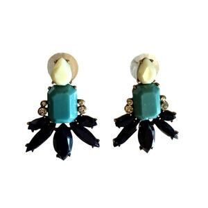 Signed J. Crew Cluster Statement Earrings Blue Teal Crystal Gold Tone Back